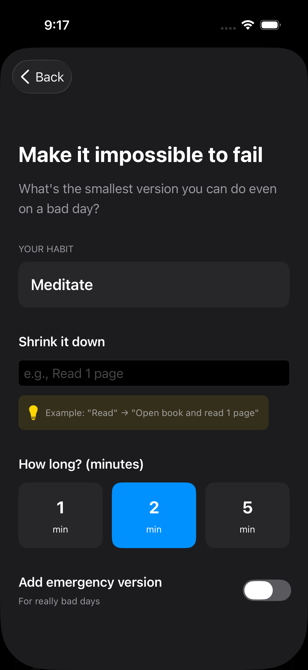 Shrink habit to tiny version – two-minute rule in Become app